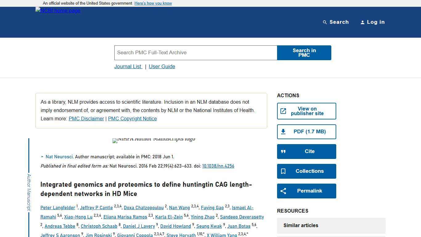 Integrated genomics and proteomics to define huntingtin CAG length-dependent networks in HD Mice - PMC